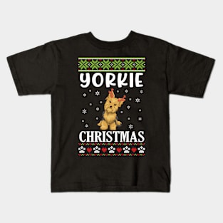 Yorkie Dog Dancing With Snow Merry Christmas Day Daddy Mommy Kids T-Shirt